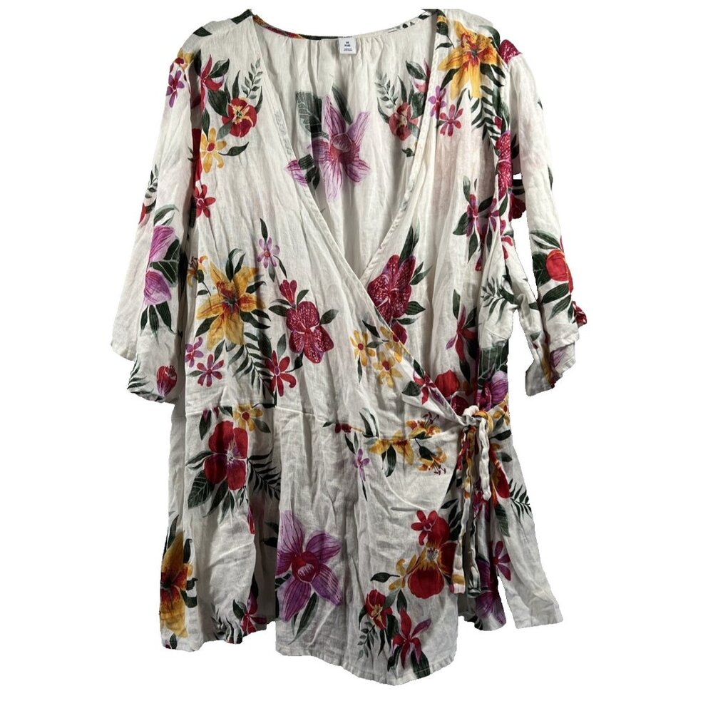 Old Navy Women's Top Plus 3X Tropical Floral Wrap Linen Blend Short Sleeve Y2K - Picture 1 of 9